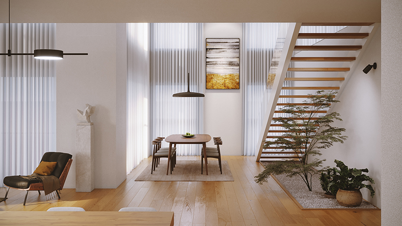 Clean living room staircase area