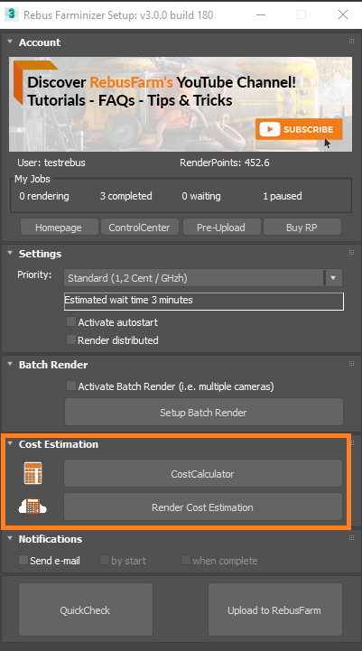 Rebus Farminizer menu - cost estimation options