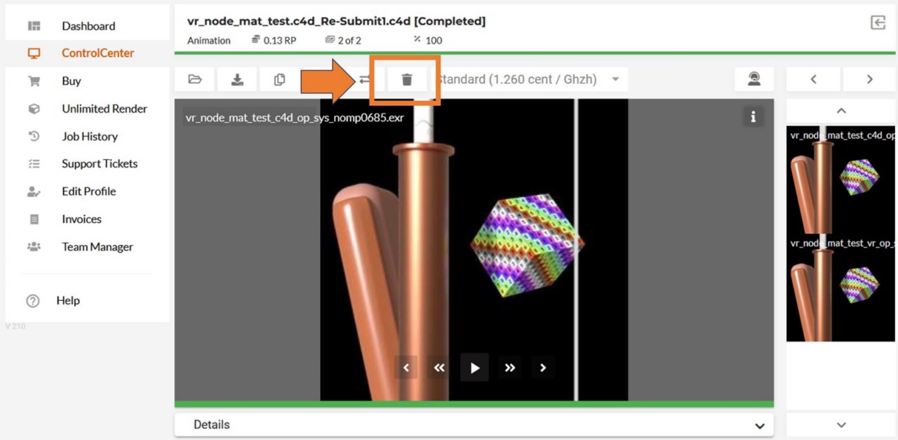 Renderfarm ControlCenter - Knopf zum Löschen des Renderjobs