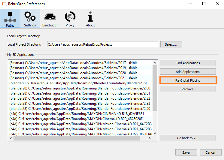 RebusDrop設定ウィンドウ - プラグインの再インストールボタン