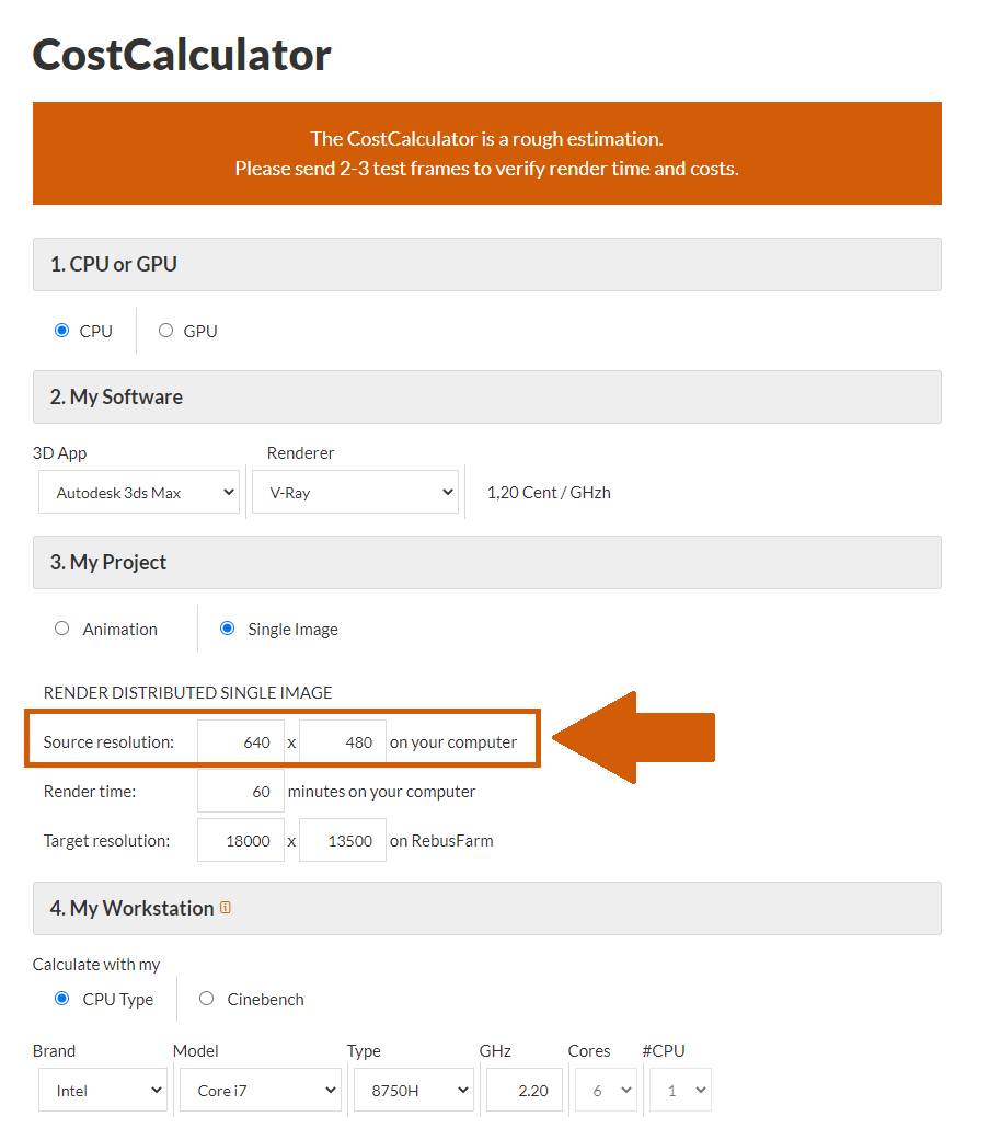 Render farm CostCalculator seleção de resolução da fonte