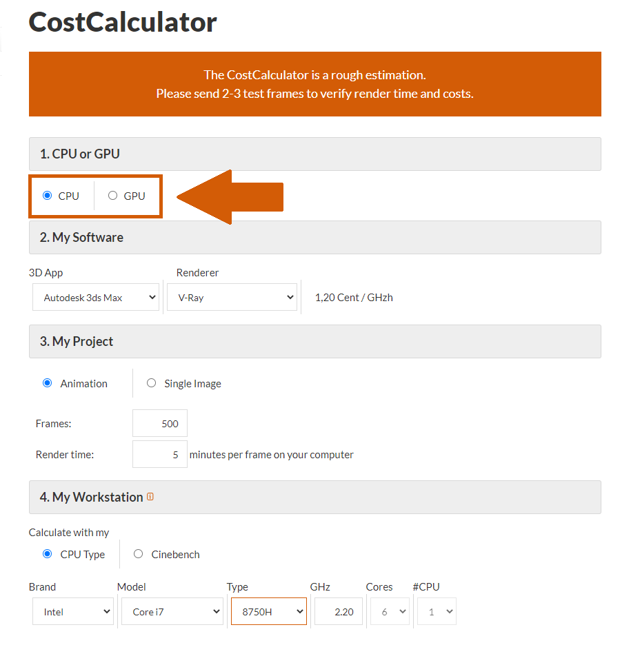 Render farm CostCalculator, seleção de CPU ou GPU