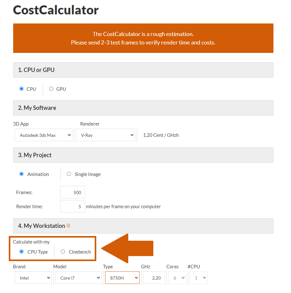 Render farm CostCalculator seleção da minha de estação de trabalho