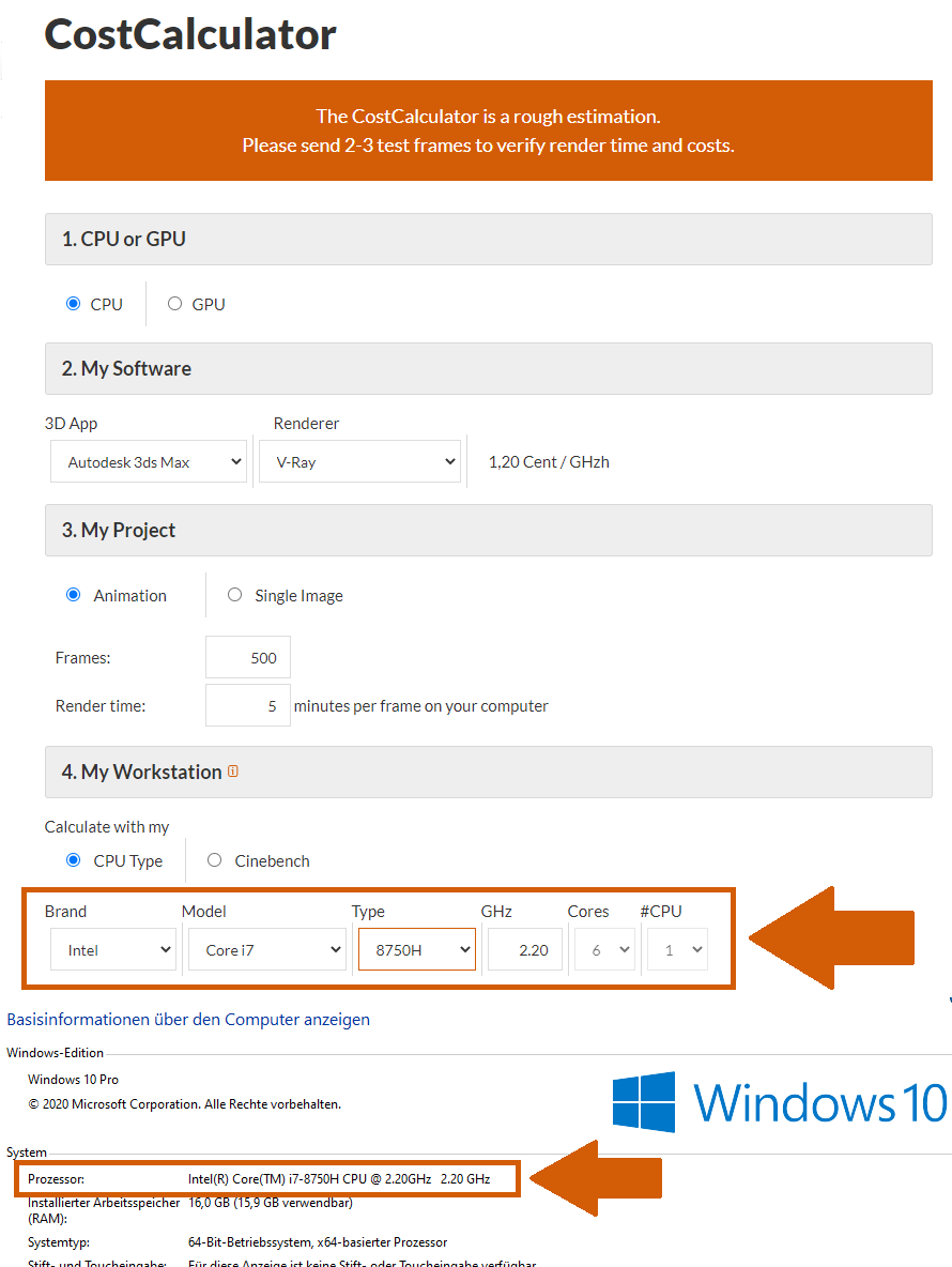 Informações de tipo de CPU CostCalculator