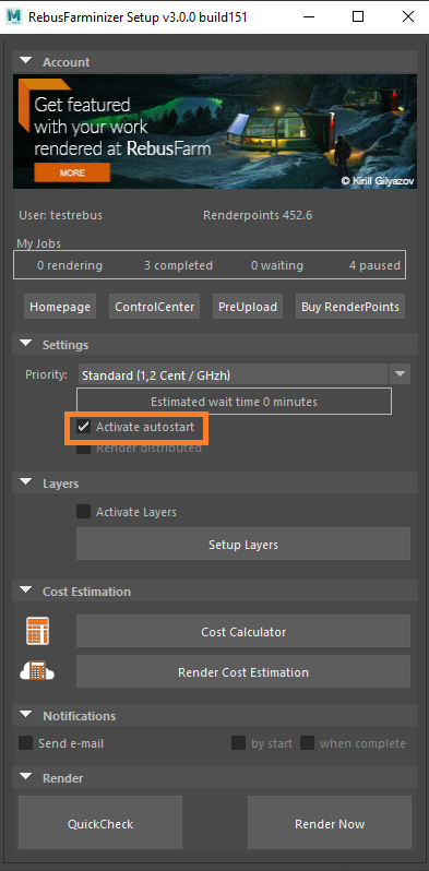 Menu Rebus Farminizer - ativação de inicialização automática