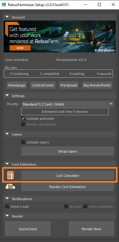 Menu Rebus Farminizer - botão CostCalculator