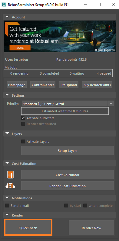 Menu Rebus Farminizer - botão QuickCheck