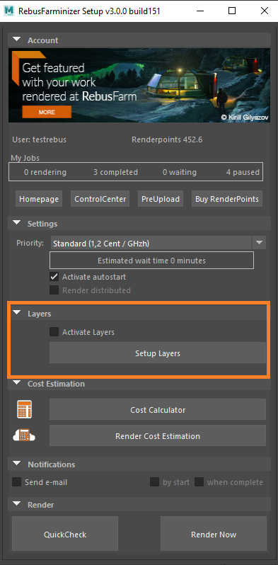 Menu Rebus Farminizer - configurações de renderização de camadas