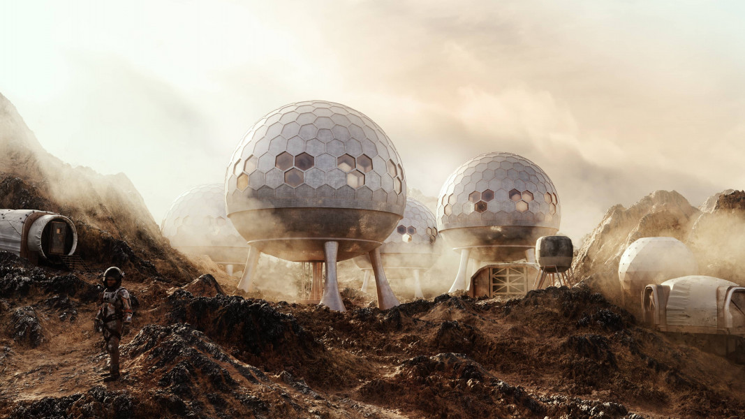 3D space landscape with astronaut and space buildings