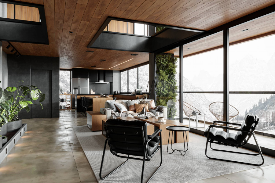 Rendered modern house in the mountains