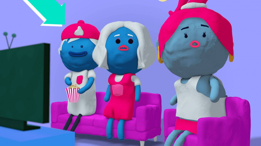 three blue 3D figures watching TV