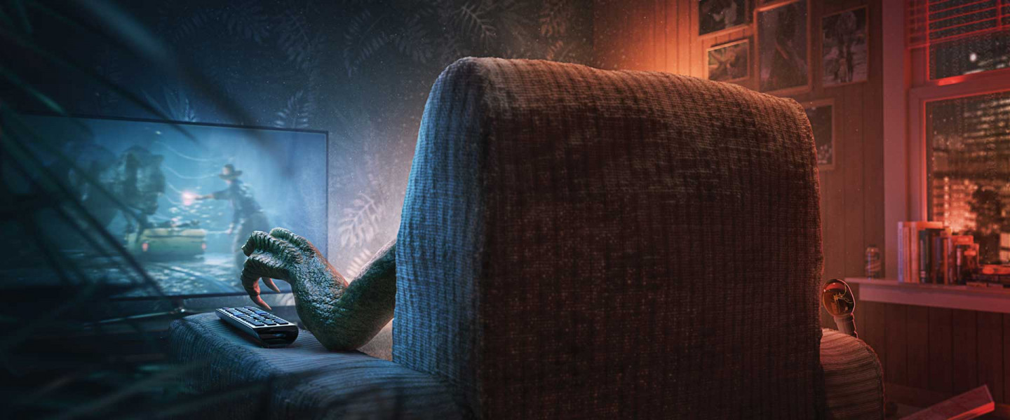 3D Jurassic Park Dino watching TV