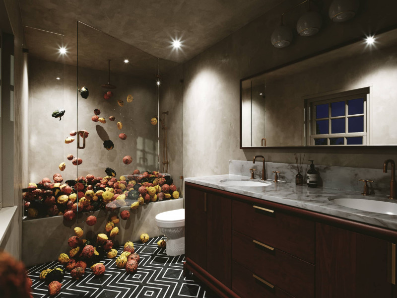 Rendered Flying Pumpkins in a bathroom