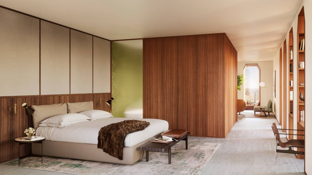 Hotel room with wooden furniture