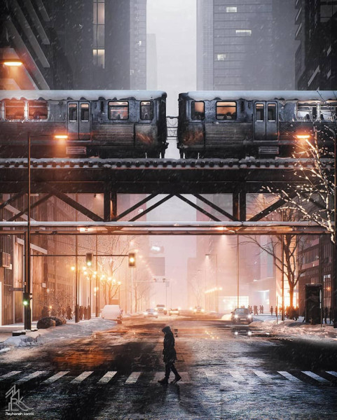 Rendered image of a train on a snow day