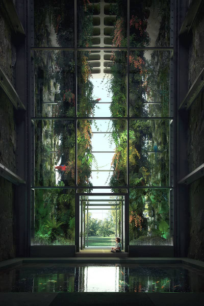 Rendered oasis with child