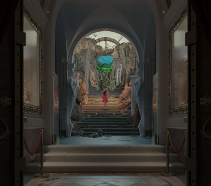 rendering of woman walking up stairs of a destroyed museum