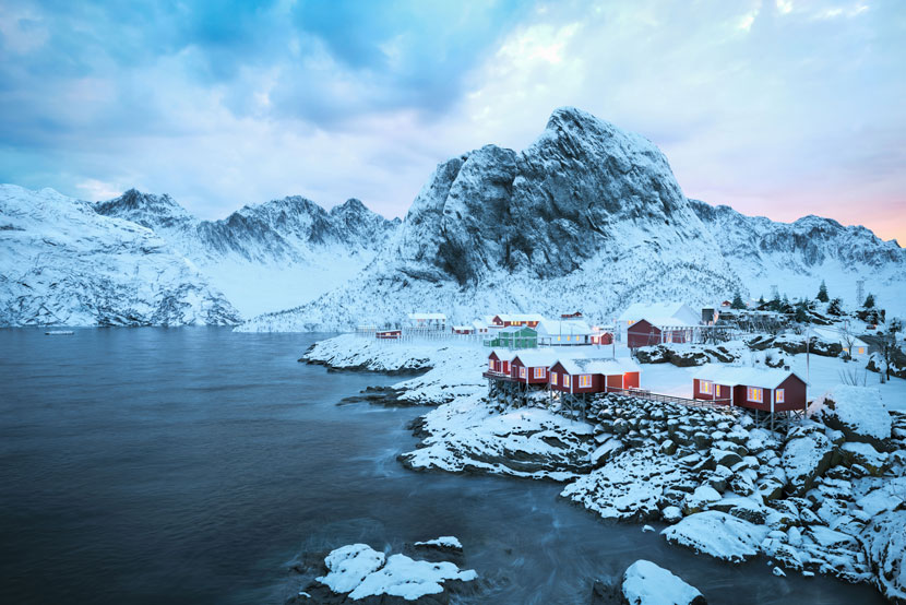 Lofoten Island - Cabins on snowy Mountains